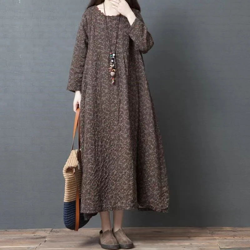 DIY O-Neck Cotton Long Shirts Plus Size Outfits Coffee Maxi Dresses Prints (Limited Stock) Trendy Floral Print Maxi Dress