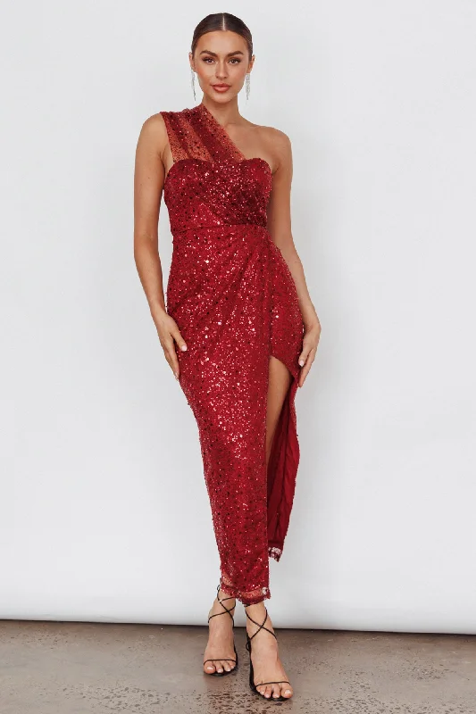 Doniella One-Shoulder Split Sequin Maxi Dress Wine Elegant Maxi Dress with Pockets