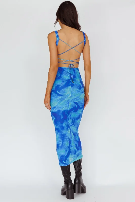 Dream Crush Lace-Up Back Side Split Maxi Dress Swirl Blue Elegant Floral Maxi Dress