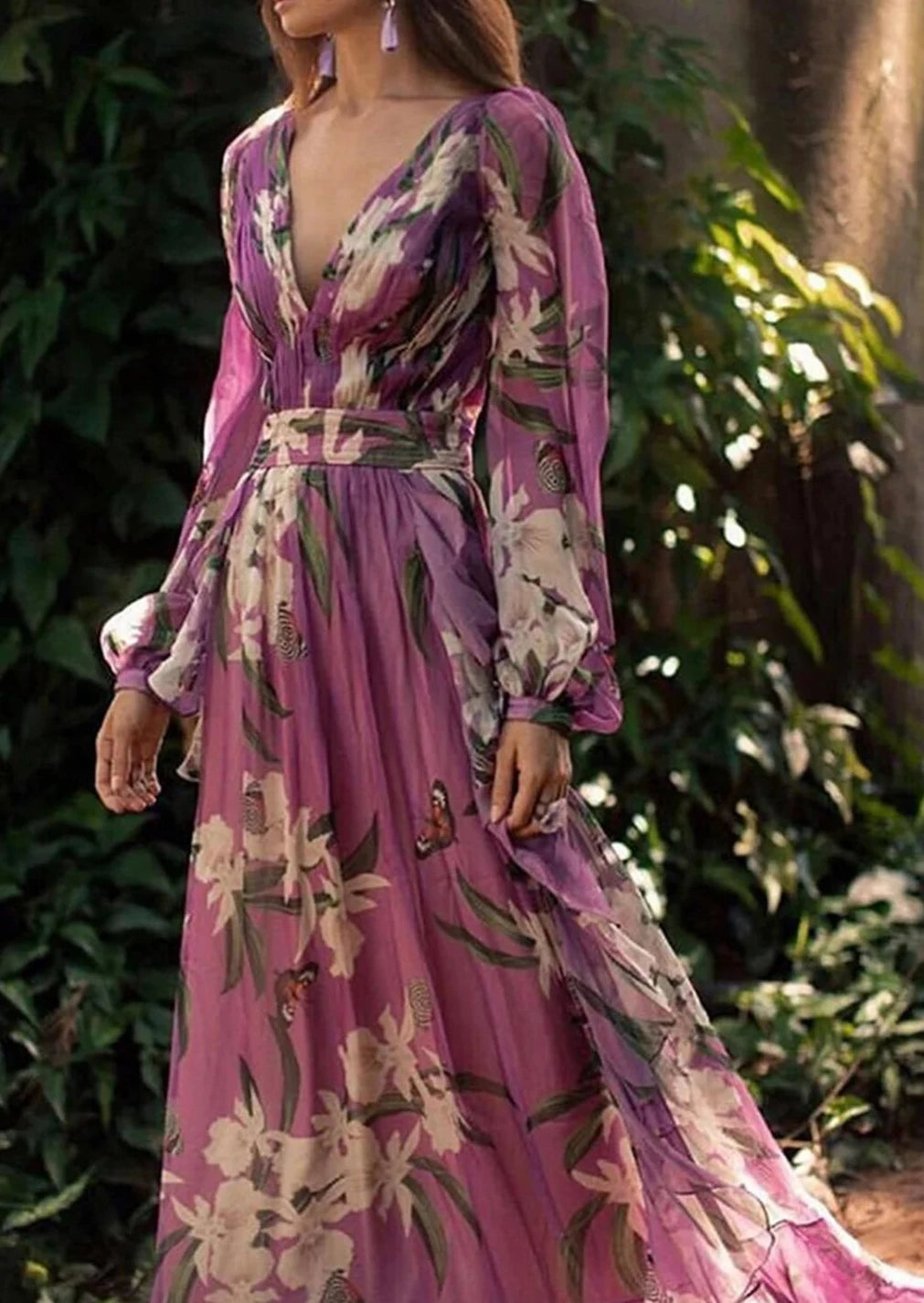 Elegant Butterfly Floral Pattern V Neck Maxi Dress Trendy A-Line Maxi Dress