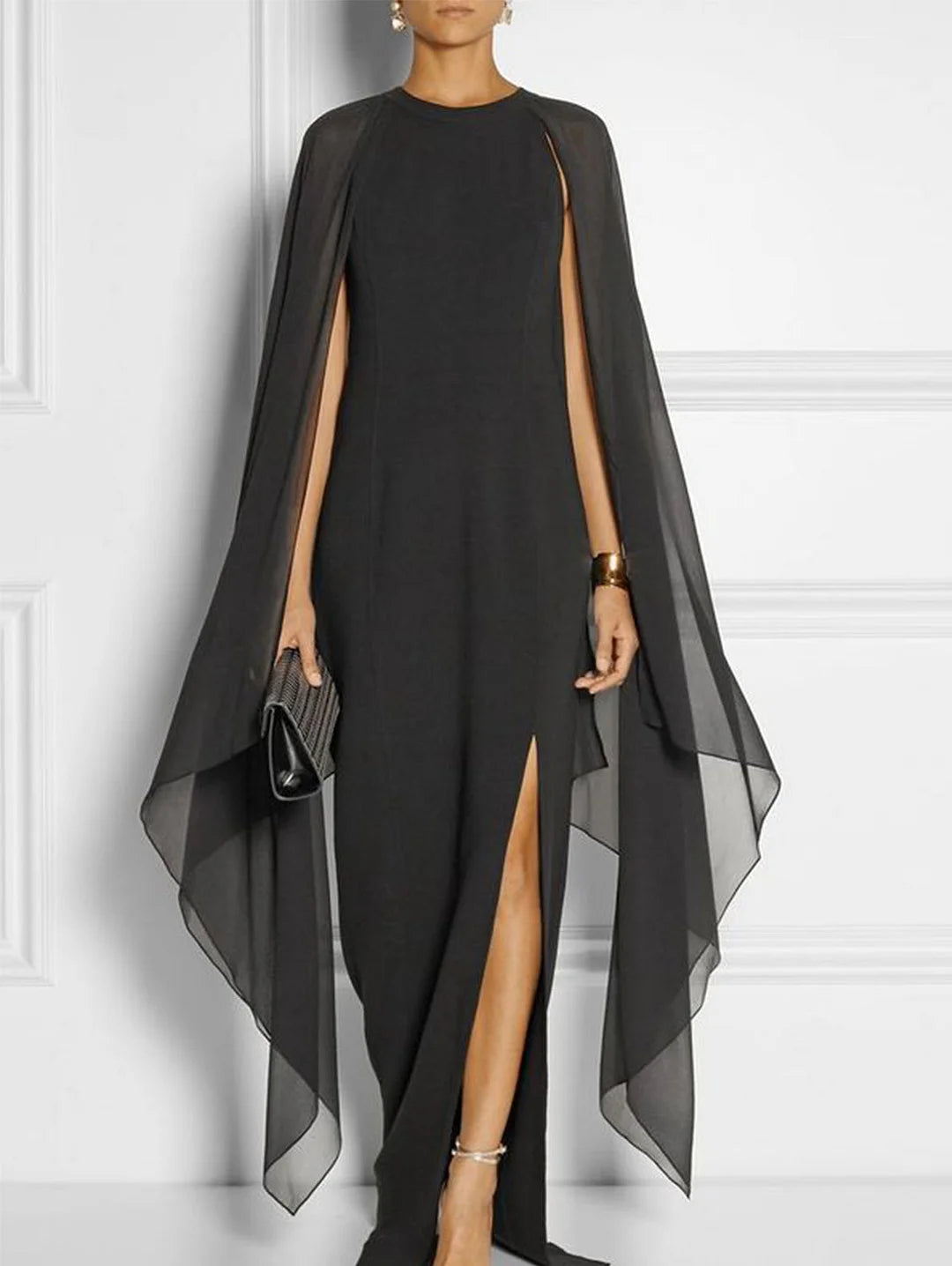Elegant Thigh Split Hem Cloak Sleeve Maxi Dress Elegant Pleated Maxi Dress