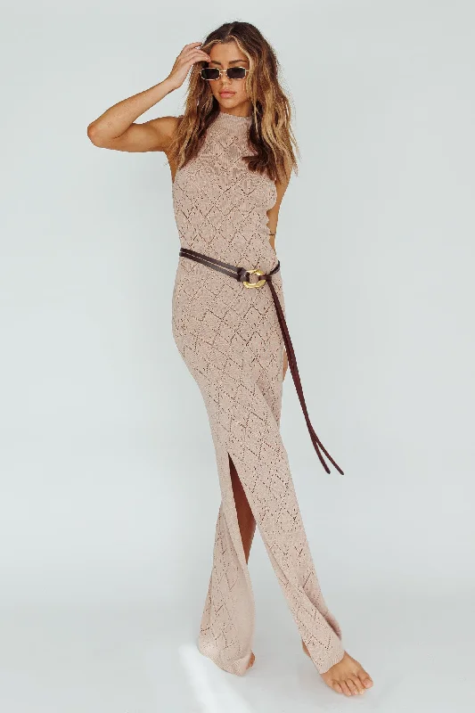 Elisa Sleeveless Crochet Maxi Dress Beige Fashionable Button-Down Maxi Dress