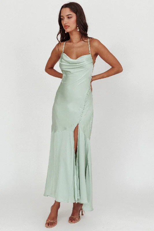 Elpis Cowl Button Satin Maxi Dress Mint Elegant Lace-Up Maxi Dress