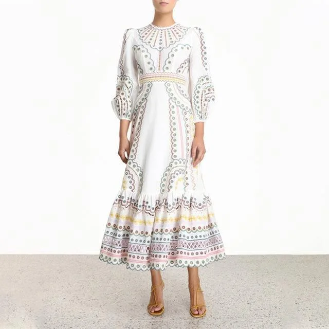 Embroidered Lantern Sleeves Maxi Dress Comfortable Casual Maxi Dress