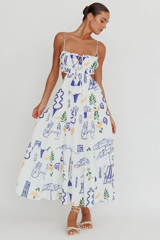 Eyona Cut-Out Back Print Maxi Dress White Comfortable Maxi Dress with Belt