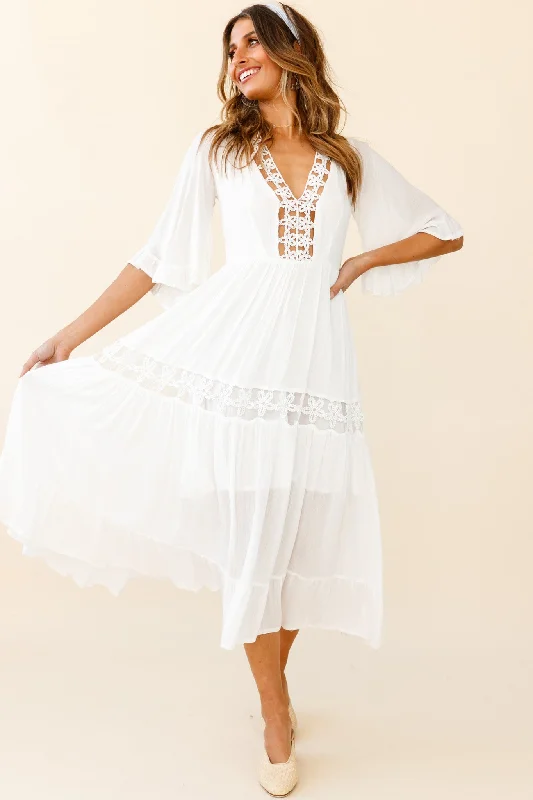 Feeling Groovy Bell Sleeve Crochet Trim Maxi Dress White Elegant Lace Maxi Dress