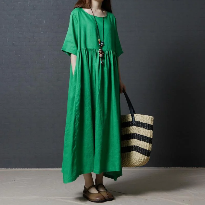 Fine Linen Green Women Summer Dresses Oversize Vintage Sundress O Neck Maxi Dress Chic Summer Floral Maxi Dress Fine Linen Green Women Summer Dresses Oversize Vintage Sundress O Neck Maxi Dress Chic Summer Floral Maxi Dress