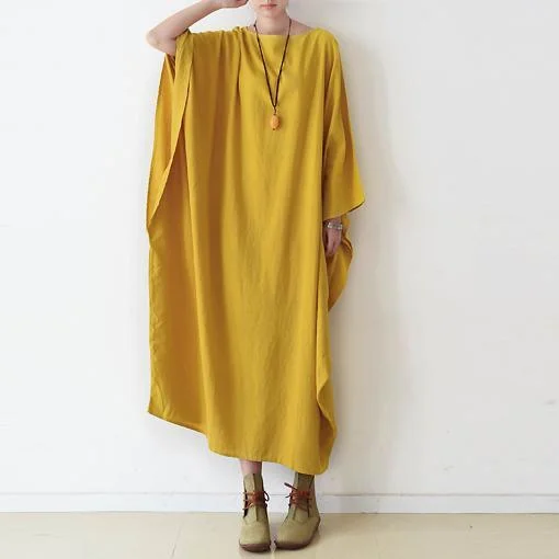 Fine Yellow Cotton Maxi Dress Plus Size Casual Caftans Batwing Sleeve Linen Gowns ( Limited Stock) Comfortable Casual Maxi Dress