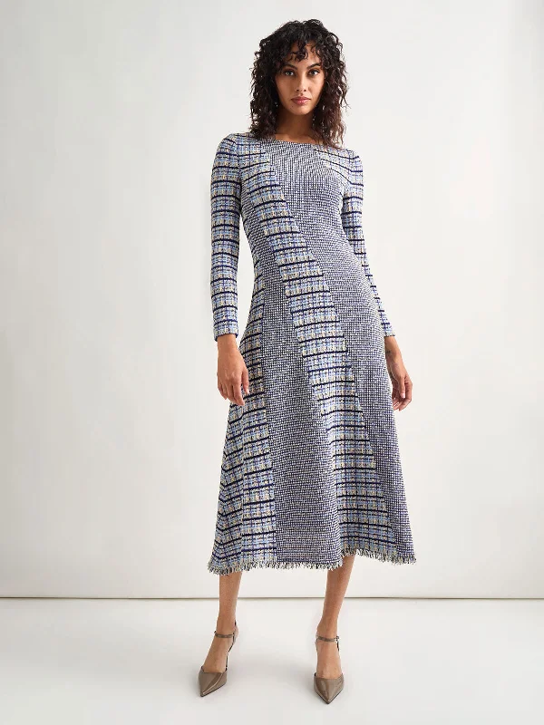 Fit-and-Flare Multi-Stitch Tweed Maxi Dress Stylish Long Sleeve Maxi Dress