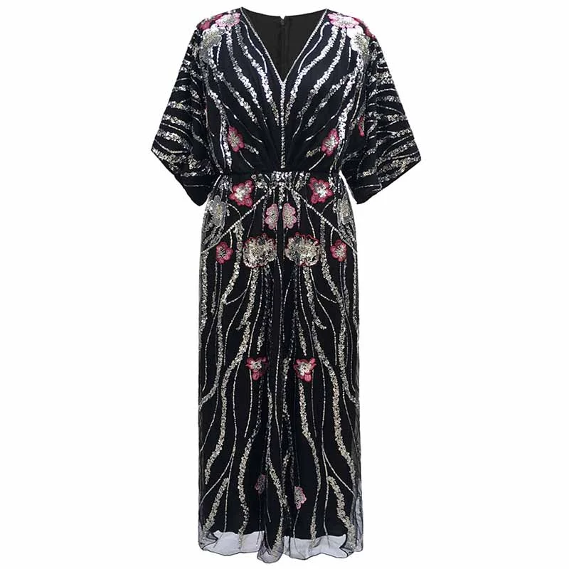 Floral Embroidered Sequin Maxi Dress Oversize Sparkly Dress Cozy Ribbed Maxi Dress