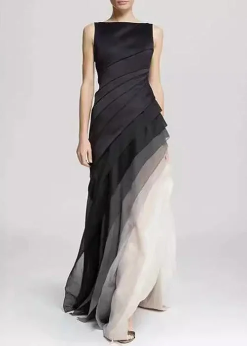 French Black High Waist Patchwork Tulle Maxi Dresses Sleeveless Fashionable Chiffon Maxi Dress French Black High Waist Patchwork Tulle Maxi Dresses Sleeveless Fashionable Chiffon Maxi Dress