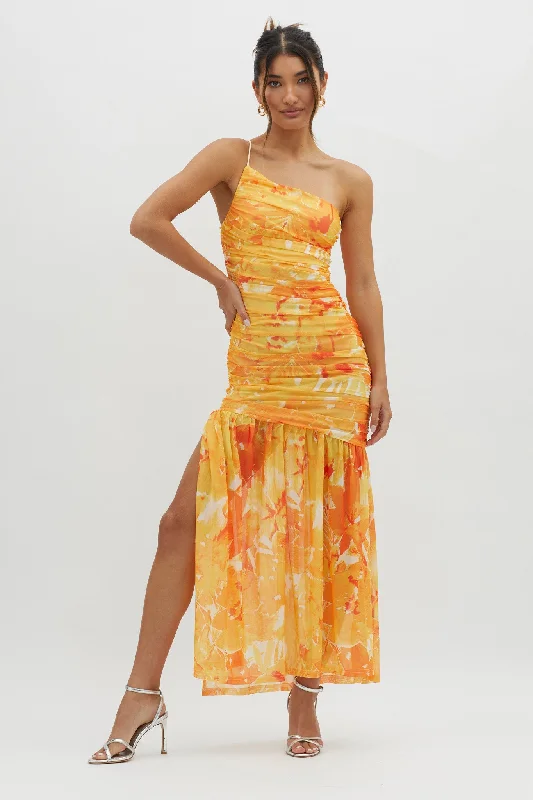 Golden Sun One-Shoulder Ruched Maxi Dress Yellow Fashionable Button-Down Maxi Dress