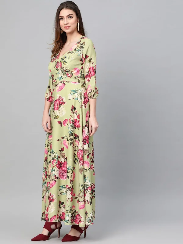 Green Floral Flared Maxi Dress Comfortable Pleated Maxi Dress