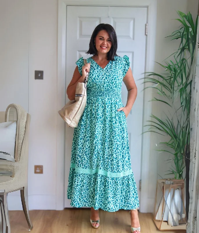 Green Leopard Curve Print Maxi Dress Elegant Maxi Dress with Belt
