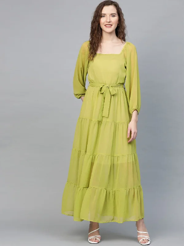Green Square Neck Tiered Maxi Dress Chic Button-Up Maxi Dress