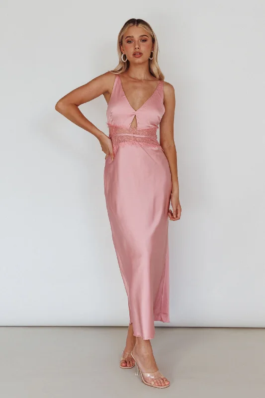 Honeybee Lace Trim Maxi Dress Blush Fashionable Off-Shoulder Maxi Dress