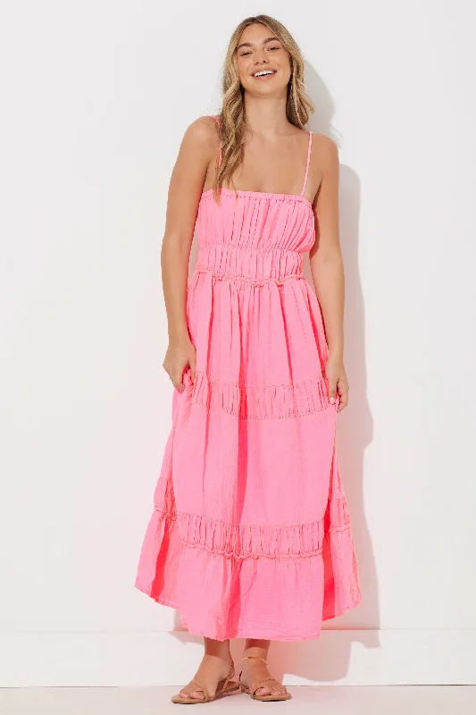 Hot Pink Solid Gauze Maxi Dress Comfortable Maxi Dress with Sleeves