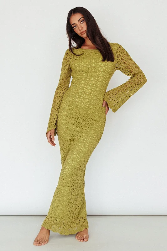 Hyland Open Back Crochet Maxi Dress Olive Stylish Maxi Dress with Pleats
