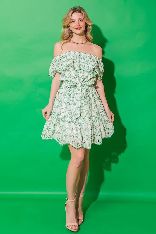 BET ON YOU EYELET MINI DRESS Modern Satin Mini Dress