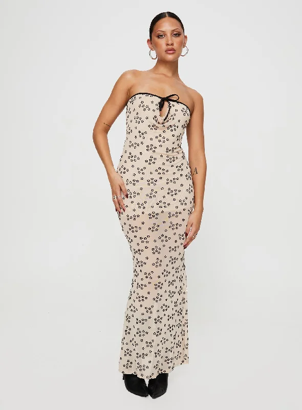 Illuminating Maxi Dress Beige Floral Comfortable Fit-and-Flare Maxi Dress