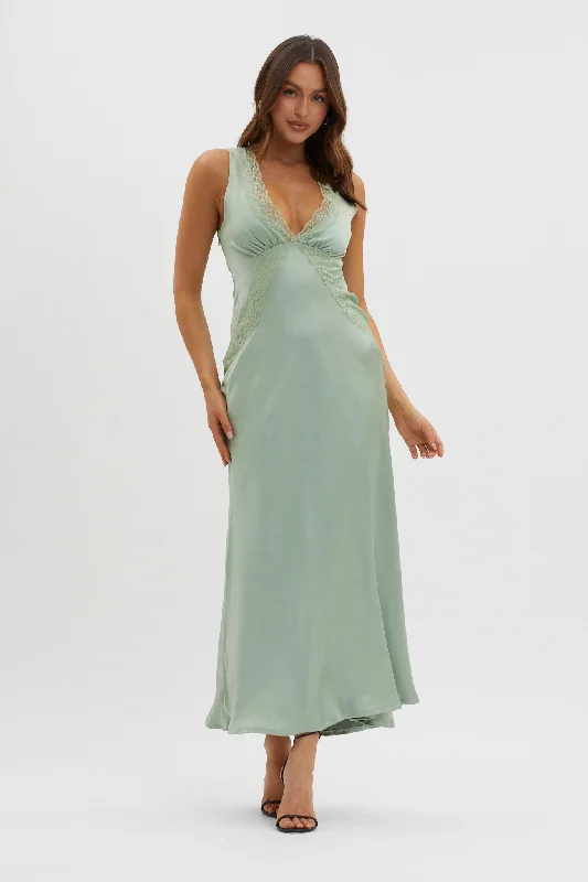 Ivonne Lace Trim V-Neck Maxi Dress Sage Stylish A-Line Maxi Dress