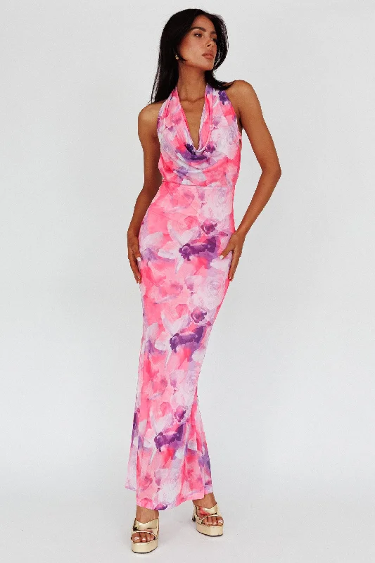 Janika Halterneck Maxi Dress Floral Pink Fashionable Button-Down Maxi Dress