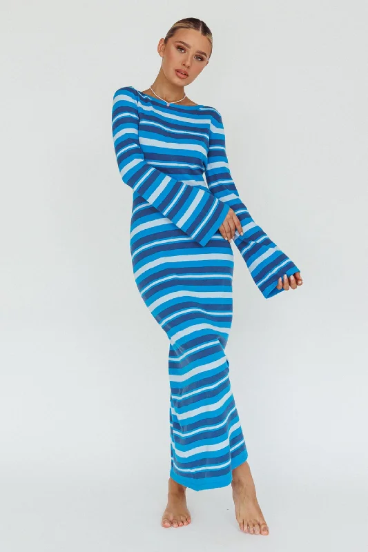 Jozie Long Sleeve Maxi Dress Stripe Blue Comfortable Plunging Neckline Maxi Dress