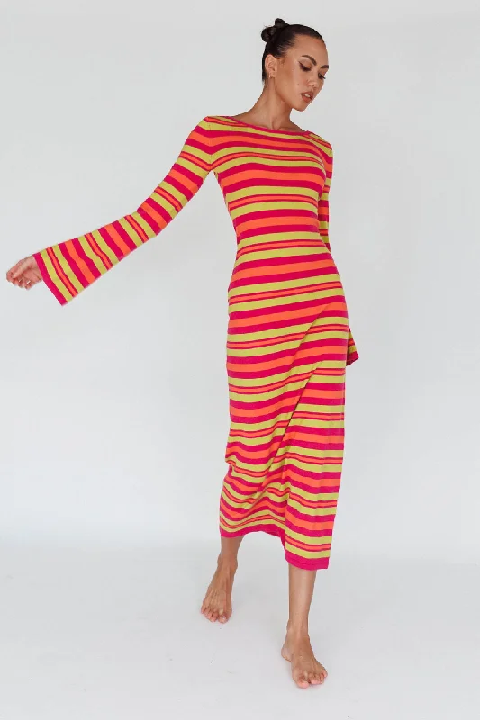 Jozie Long Sleeve Maxi Dress Stripe Orange Fashionable Sheer Maxi Dress