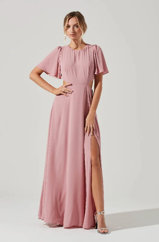 Katrina Flutter Sleeve Back Cutout Maxi Dress Trendy Printed Maxi Dress