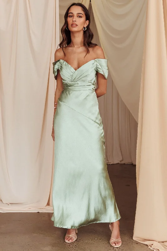 Katrina Off Shoulder Maxi Dress Pistachio Elegant Boho Maxi Dress