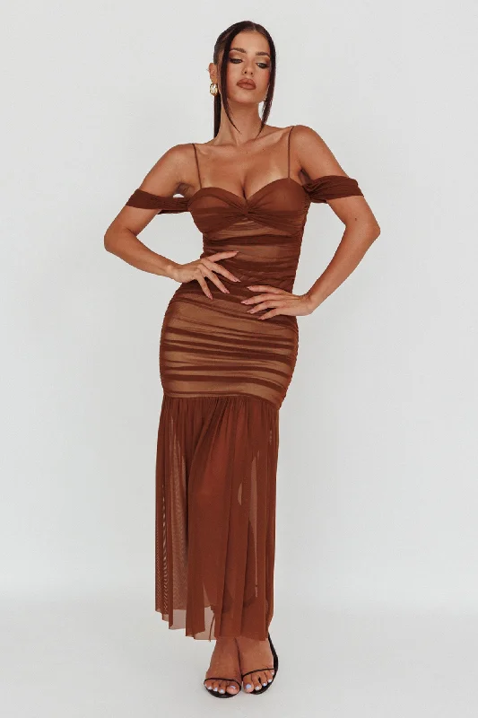 La Salle Ruched Mesh Maxi Dress Chocolate Stylish Maxi Dress with Frills