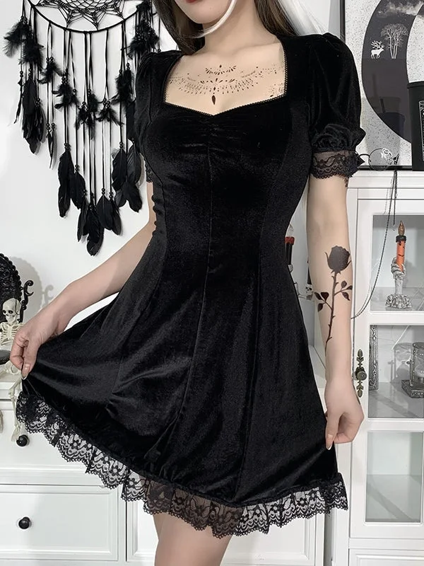 BerryBetty - Lace Paneled Puff Sleeve Velvet Mini Dress Stylish Spaghetti Strap Mini Dress BerryBetty - Lace Paneled Puff Sleeve Velvet Mini Dress Stylish Spaghetti Strap Mini Dress