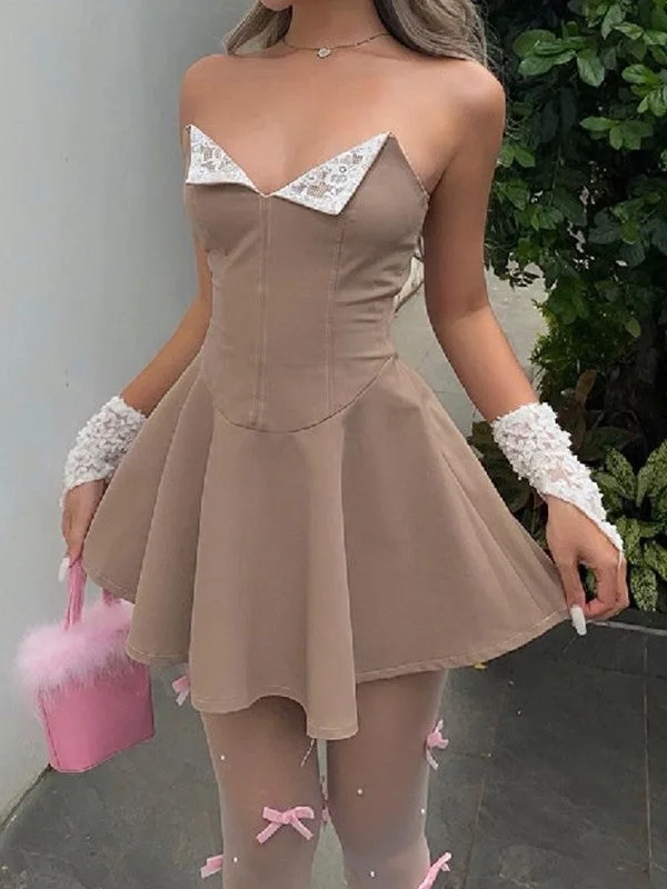 BerryBetty - Lace Paneled Strapless Corset Mini Dress Casual Mini Dress with Pockets BerryBetty - Lace Paneled Strapless Corset Mini Dress Casual Mini Dress with Pockets