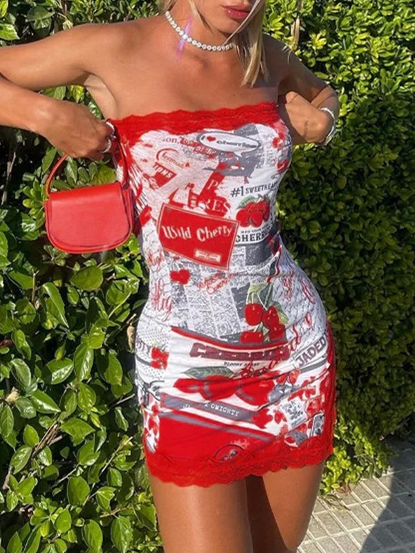 BerryBetty - Lace Trim Split Strapless Bodycon Mini Dress Comfortable One-Shoulder Mini Dress BerryBetty - Lace Trim Split Strapless Bodycon Mini Dress Comfortable One-Shoulder Mini Dress