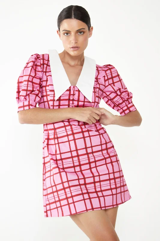 Glamorous Short Puff Sleeve Pink Red Grid Check Mini Dress with Collar Detail Trendy Bodycon Mini Dress Glamorous Short Puff Sleeve Pink Red Grid Check Mini Dress with Collar Detail Trendy Bodycon Mini Dress