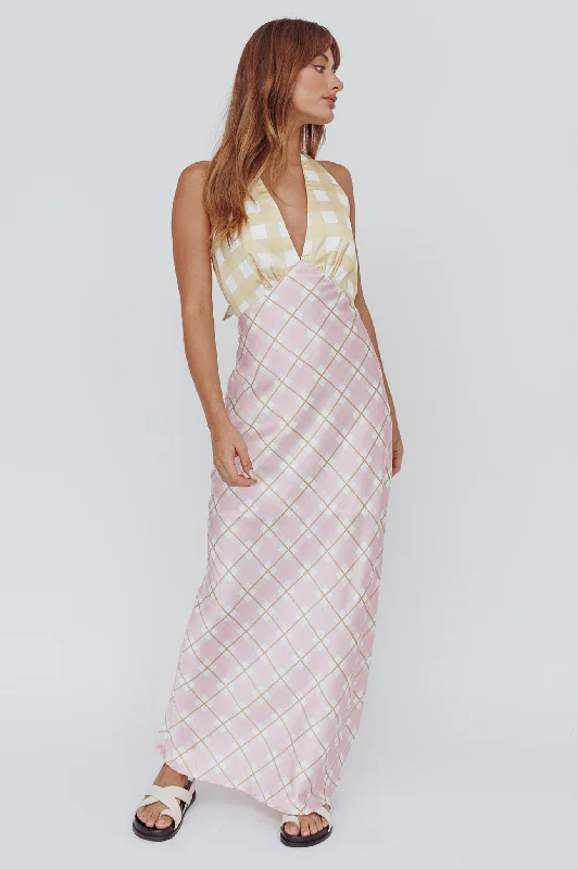 Lavara Halterneck Maxi Dress Checker Pink Stylish A-Line Maxi Dress