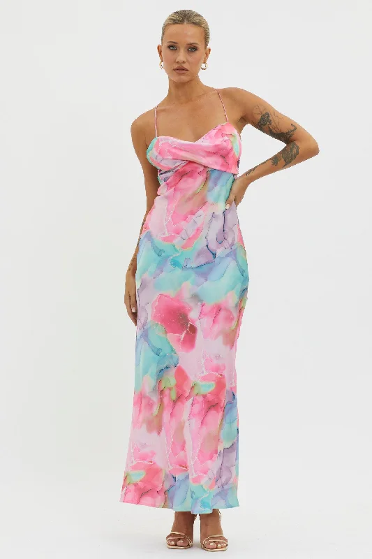 Libby Scoop Back Maxi Dress Abstract Pink Stylish Longline Maxi Dress