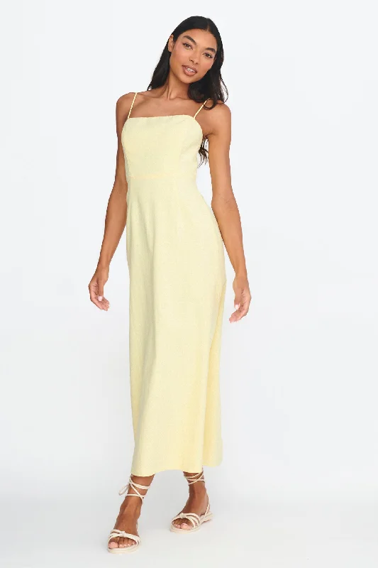 Light Hearted Square Neckline Maxi Dress Lemon Stylish Maxi Dress with Pleats