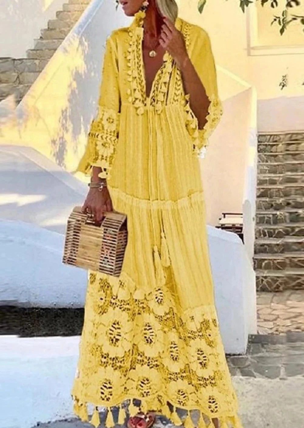 Loose Yellow Boho Deep V Neck Lace Fringe Maxi Dress Stylish Long Sleeve Maxi Dress