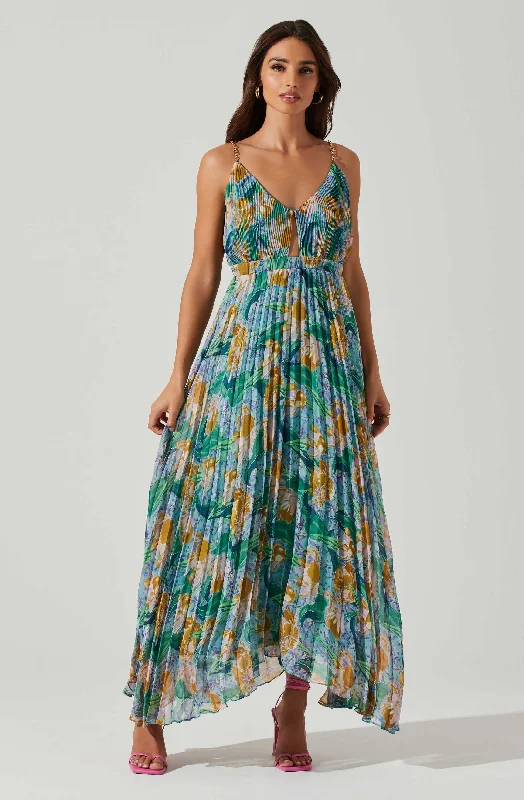 Loralee Pleated Floral Maxi Dress Elegant Maxi Dress with Belt