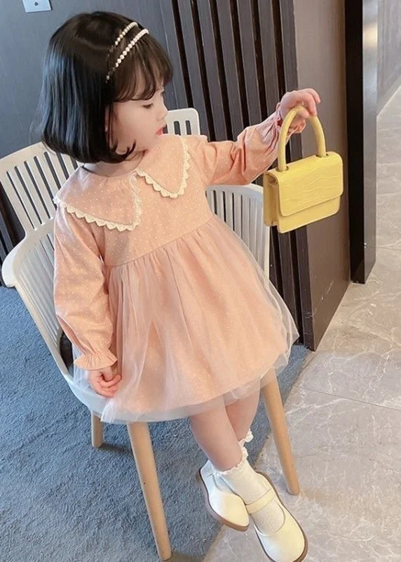 Lovely Pink Peter Pan Collar Dot Tulle Patchwork Kids Vacation Maxi Dresses Fall SS1065 Elegant Maxi Dress with Slit