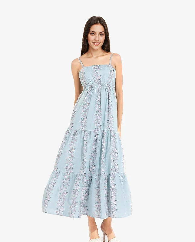 Rareism Women Marantt Dusky Blue Shoulder Straps Tube Neck Fit And Flare Floral Print Maxi Dress Comfortable T-Shirt Maxi Dress