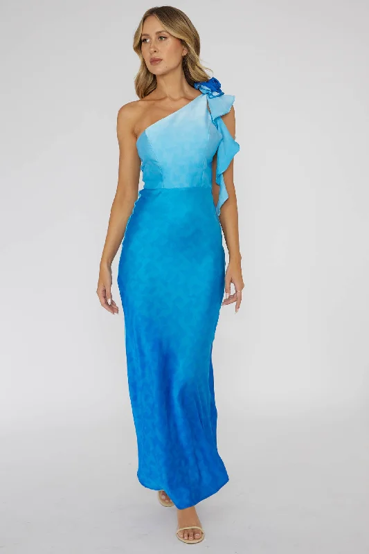 Mariyan One Shoulder Rose Maxi Dress Blue Comfortable Maxi Dress with Sleeves