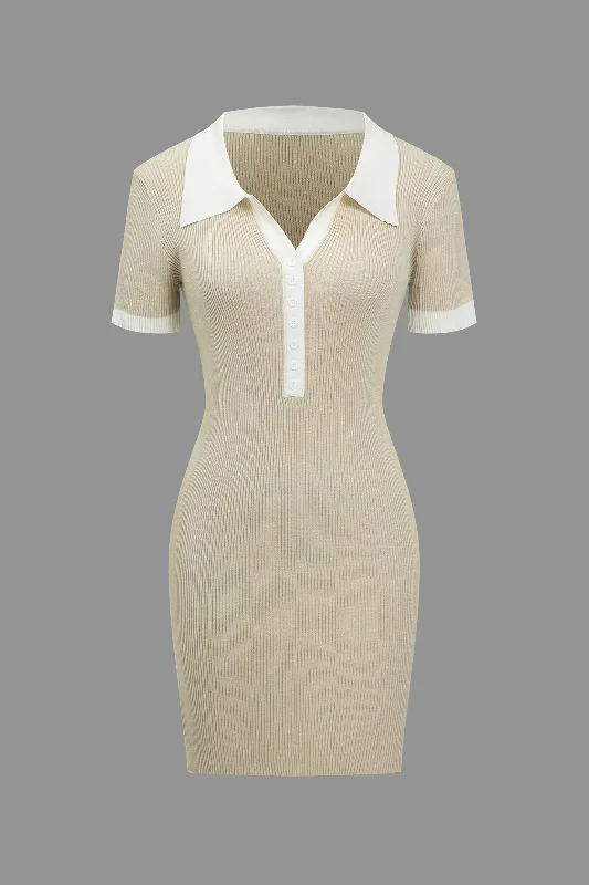 Contrast Button Up Knit Mini Dress Casual High-Waist Mini Dress
