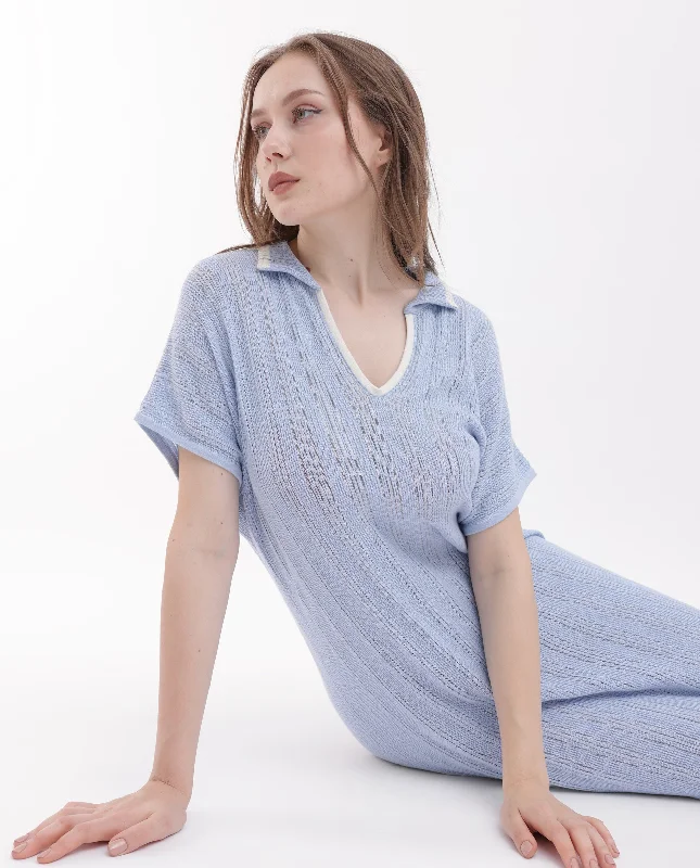 Rareism Women Meyora Light Blue Cotton Fabric Short Sleeves Johnny Collar Extended Sleeve Regular Fit Plain Maxi Dress Trendy Printed Maxi Dress