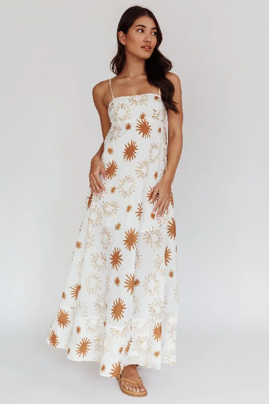 Midsummer Sun Print Maxi Dress White Green Comfortable Maxi Dress with Slits