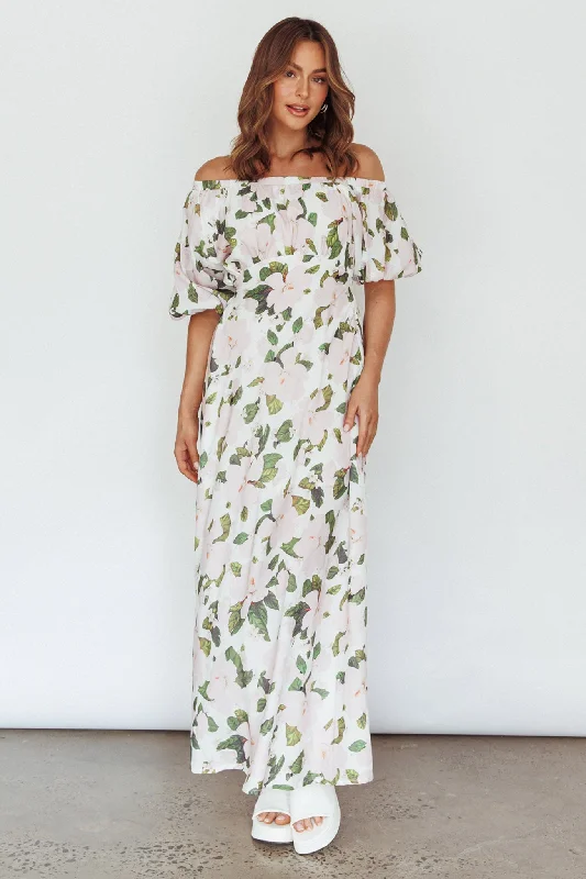 Momentum Off Shoulder Maxi Dress Floral Pink Elegant Silk Maxi Dress