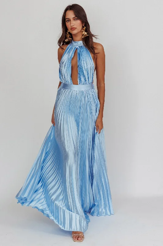 Monarch Pleated Satin Maxi Dress Light Blue Classic A-Line Maxi Dress