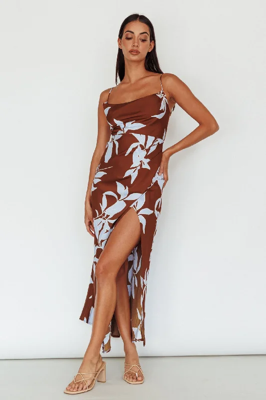 Morea Cowl Neck Maxi Dress Floral Brown Fashionable Open-Back Maxi Dress