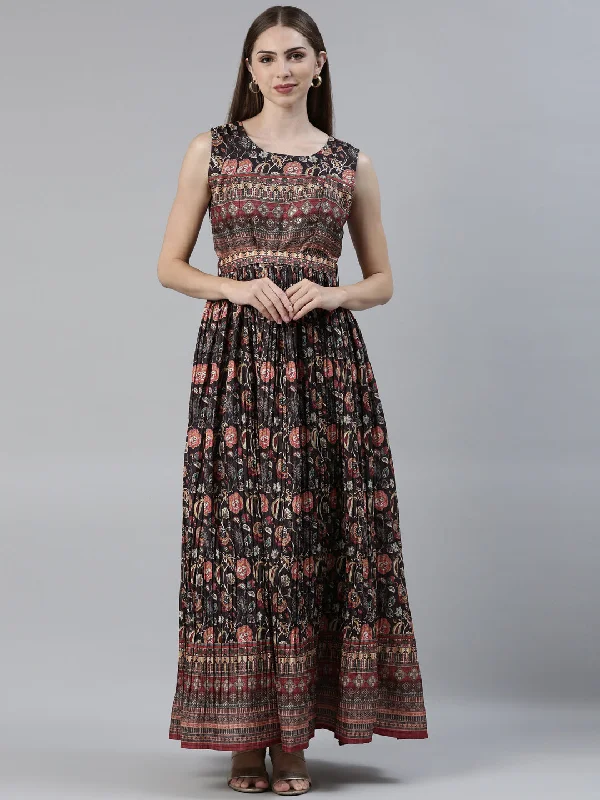 Neeru's Black Straight Casual Printed Maxi Dresses Stylish V-Neck Maxi Dress